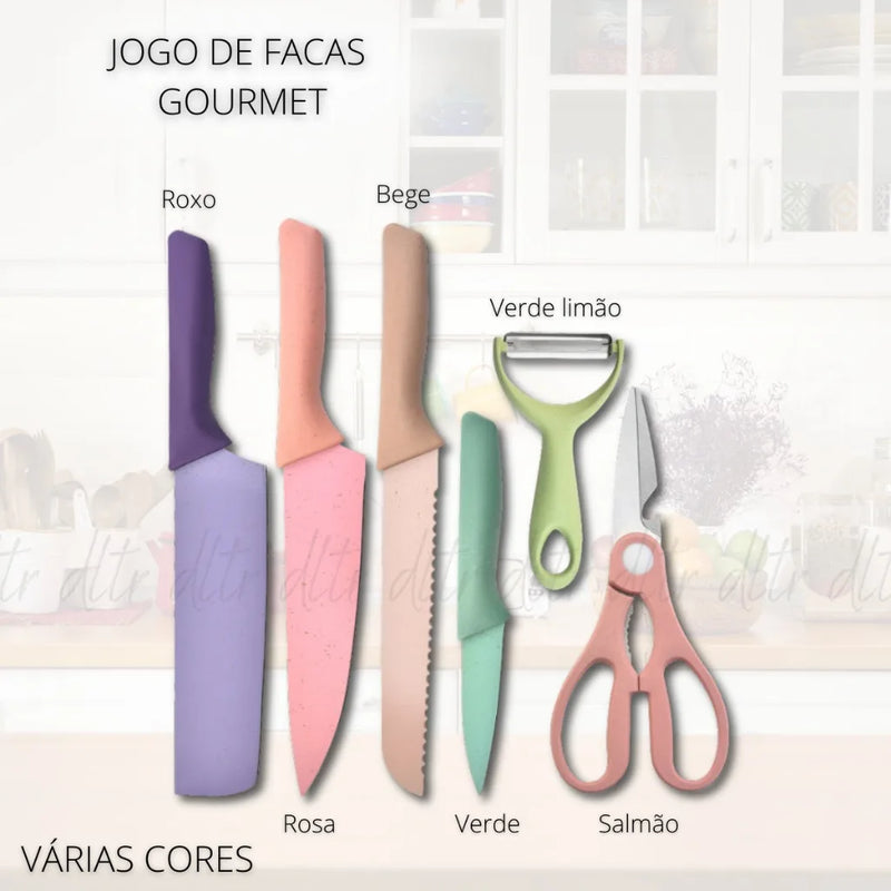 Kit 6 Facas Profissionais Coloridas Em Aço Inoxidável + Tesoura, Ideal Para Churrasco E Cozinha