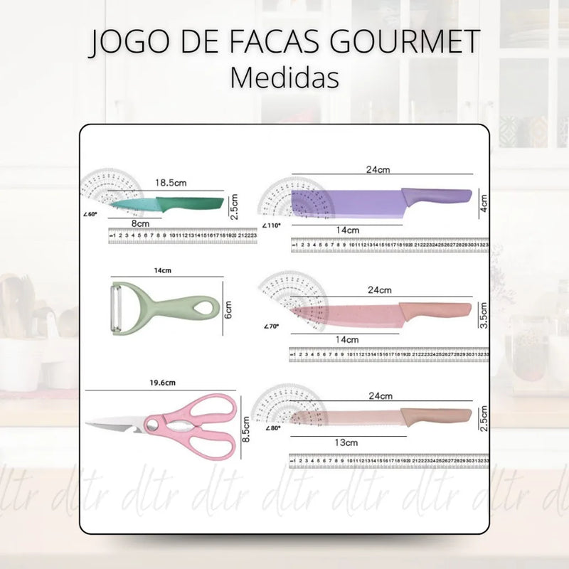 Kit 6 Facas Profissionais Coloridas Em Aço Inoxidável + Tesoura, Ideal Para Churrasco E Cozinha