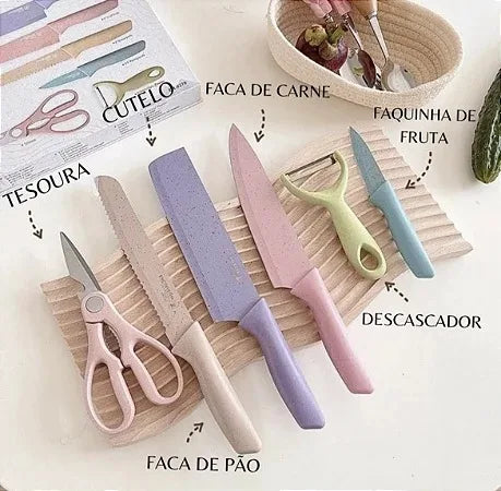 Kit 6 Facas Profissionais Coloridas Em Aço Inoxidável + Tesoura, Ideal Para Churrasco E Cozinha