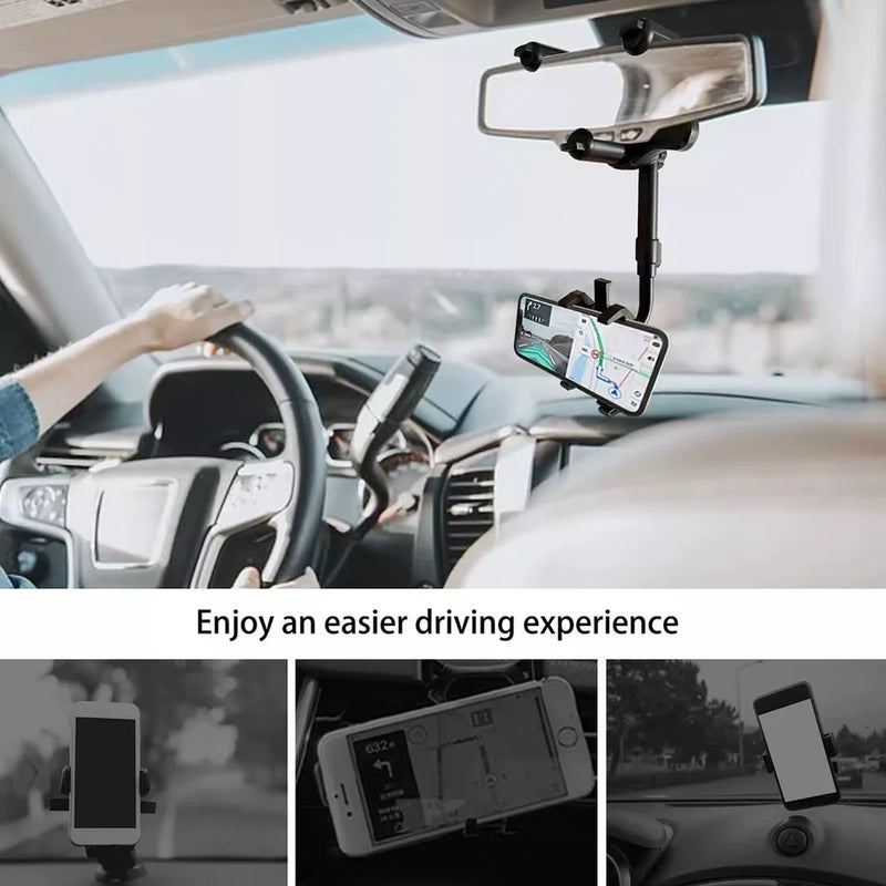 Suporte Universal para Celular em Espelho Retrovisor – 360° Ajustável, Fixação Segura para Smartphone e GPS