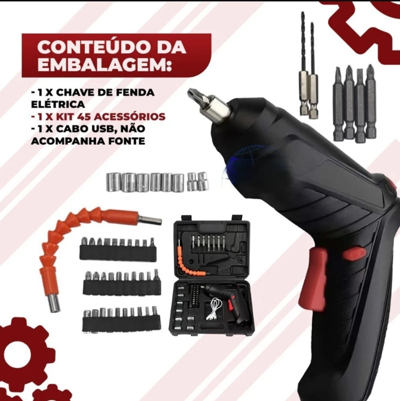 Kit Parafusadeira Furadeira 48 Pçs À Bateria Carregador Usb Dupla Posição