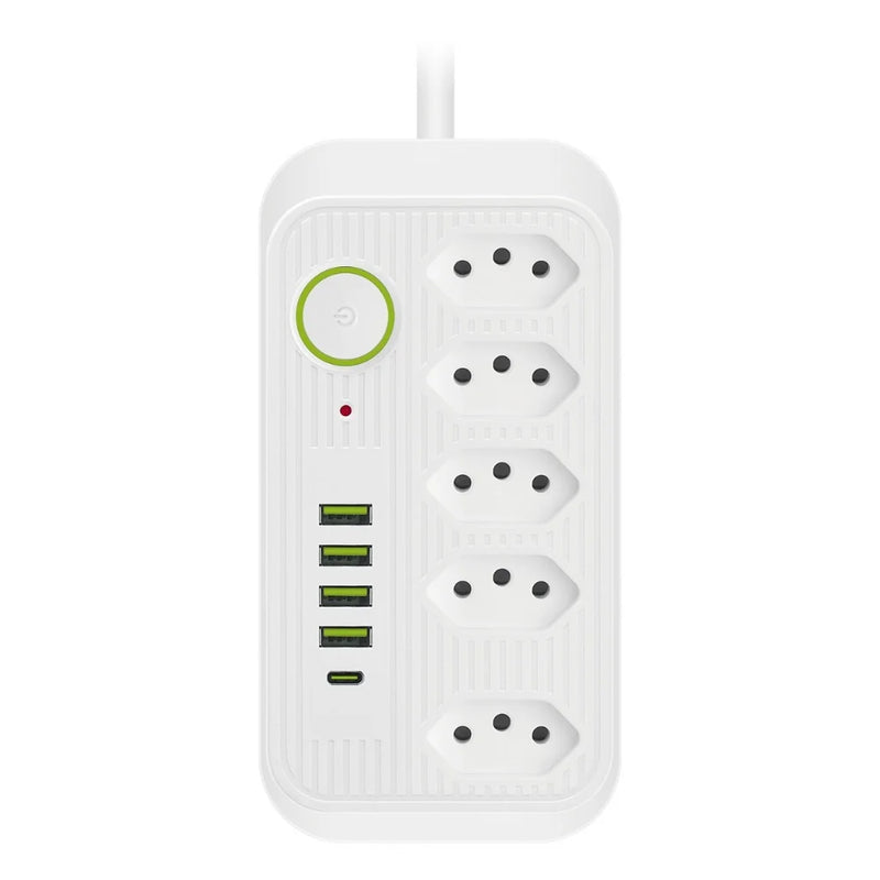 Extensão Elétrica com 5 Tomadas, 4 USB e 1 Tipo C – Régua com LED, Bivolt 110V/220V, Cabo de 2 Metros