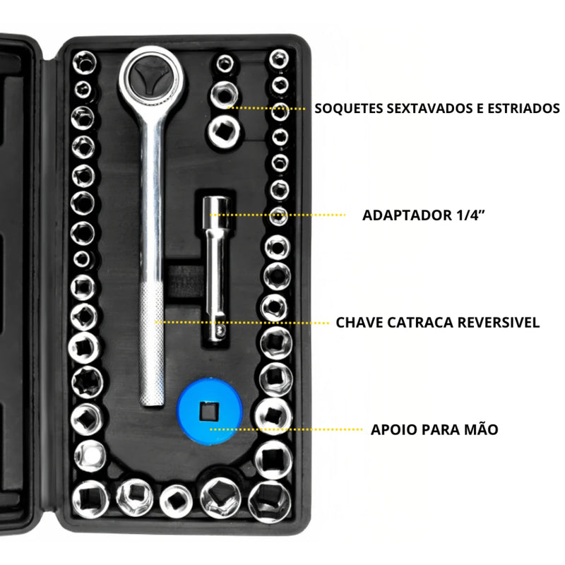 Kit 40 Peças Jogo De Soquete Chave Catraca Reversível 1/4