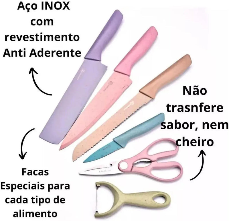 Kit 6 Facas Profissionais Coloridas Em Aço Inoxidável + Tesoura, Ideal Para Churrasco E Cozinha