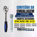 Jogo Soquetes Curto 1/2 Pol. Sextavados 10mm a 22mm Com 12 Pçs