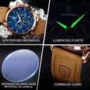 Relógio Masculino POEDAGAR Quartz Sport Pulseira Couro Aço Inoxidável Vidro de Safira Calendário automático e Visor Noturno.