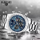 LIGE-8989 Quartz Relógio Masculino Pulseira Aço Inoxidável Vidro de Safira Calendário automático e Visor Noturno.