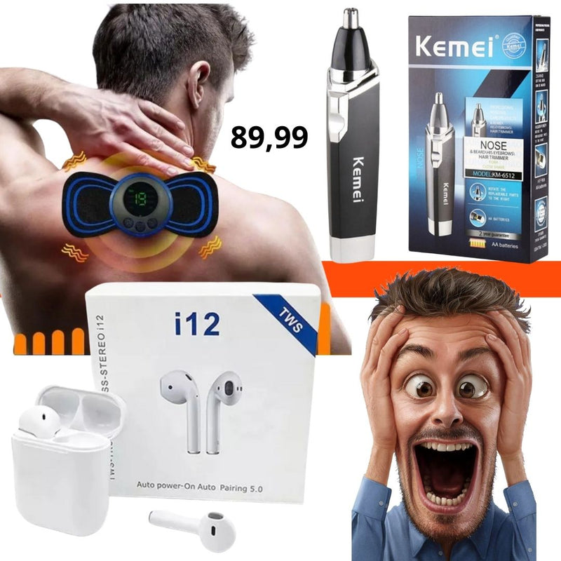 MASSAGEADOR + FONE I12 BLUETOOTH + APARADOR PELO NARIZ - KIT 1002