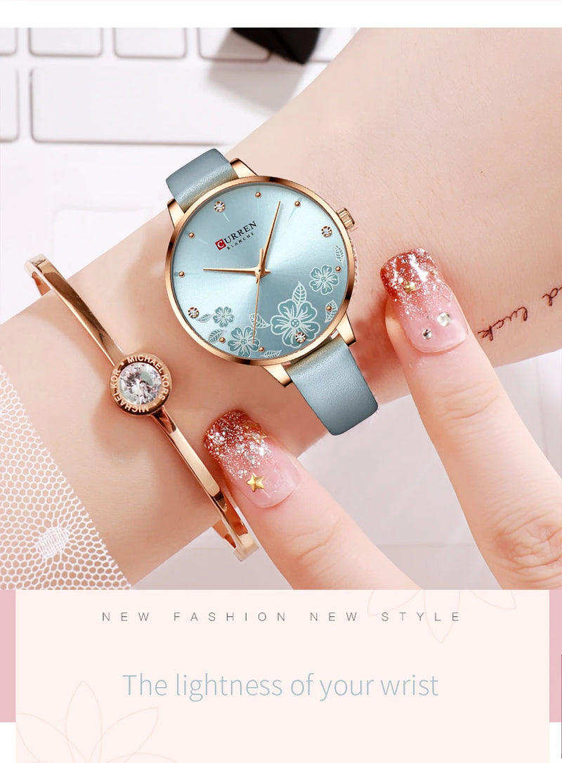 Relógio Feminino Curren – Luxo com Pulseira de Couro, Quartzo, Mostrador Floral e Design Elegante