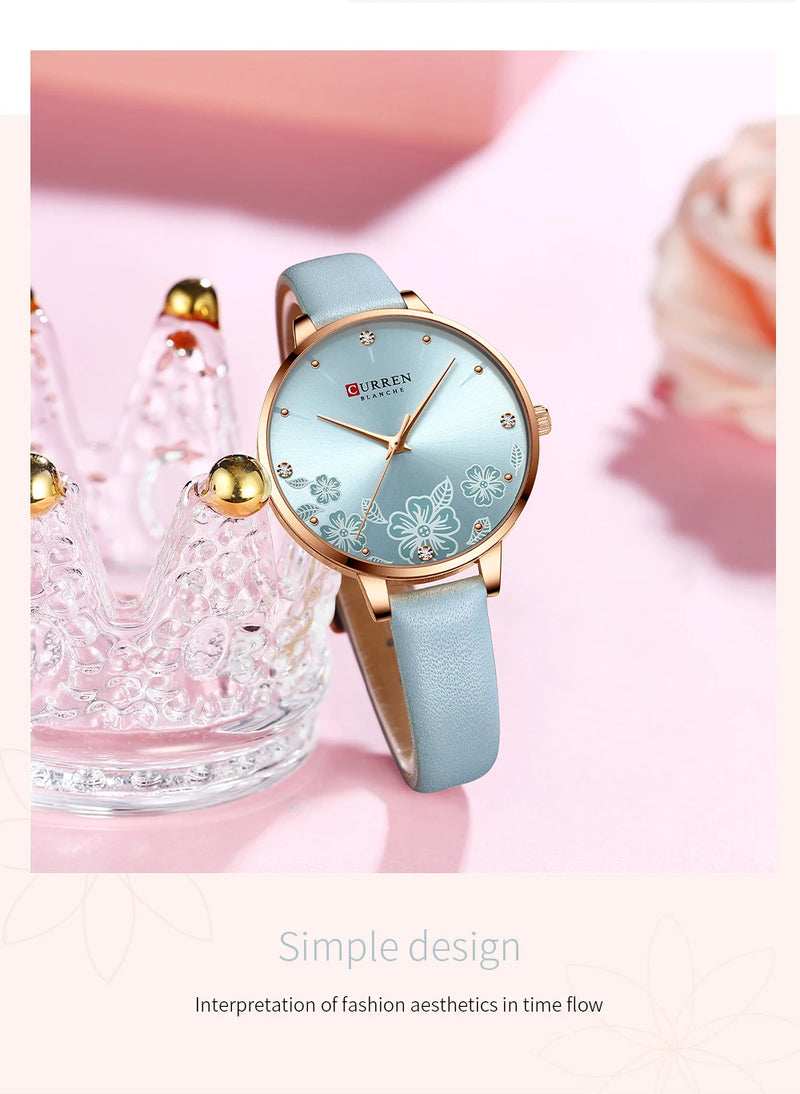 Relógio Feminino Curren – Luxo com Pulseira de Couro, Quartzo, Mostrador Floral e Design Elegante