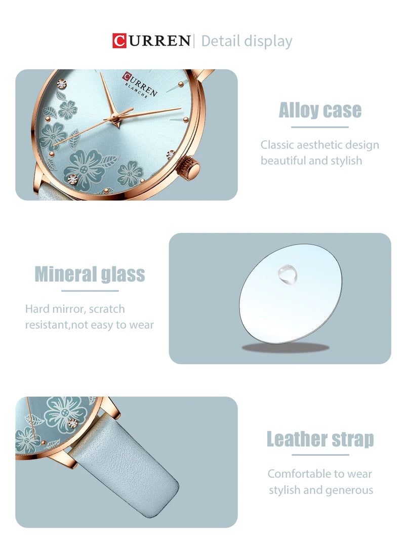 Relógio Feminino Curren – Luxo com Pulseira de Couro, Quartzo, Mostrador Floral e Design Elegante