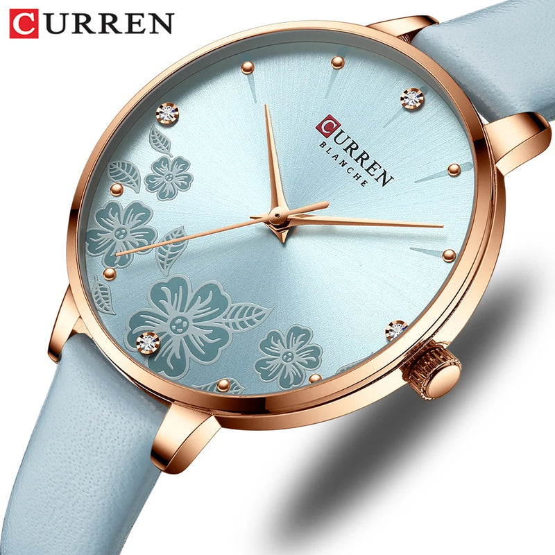 Relógio Feminino Curren – Luxo com Pulseira de Couro, Quartzo, Mostrador Floral e Design Elegante