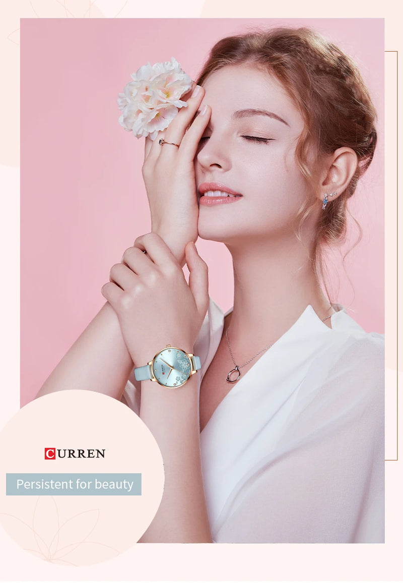 Relógio Feminino Curren – Luxo com Pulseira de Couro, Quartzo, Mostrador Floral e Design Elegante