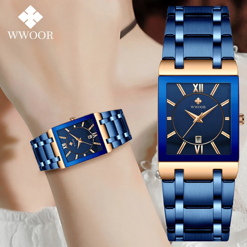 Relógio Feminino WWOOR Luxo 2024 com Pulseira Estilo Bracelete e Visor Azul