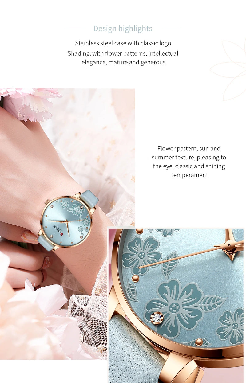Relógio Feminino Curren – Luxo com Pulseira de Couro, Quartzo, Mostrador Floral e Design Elegante