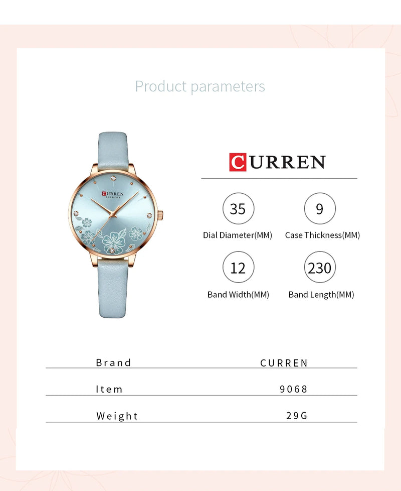 Relógio Feminino Curren – Luxo com Pulseira de Couro, Quartzo, Mostrador Floral e Design Elegante