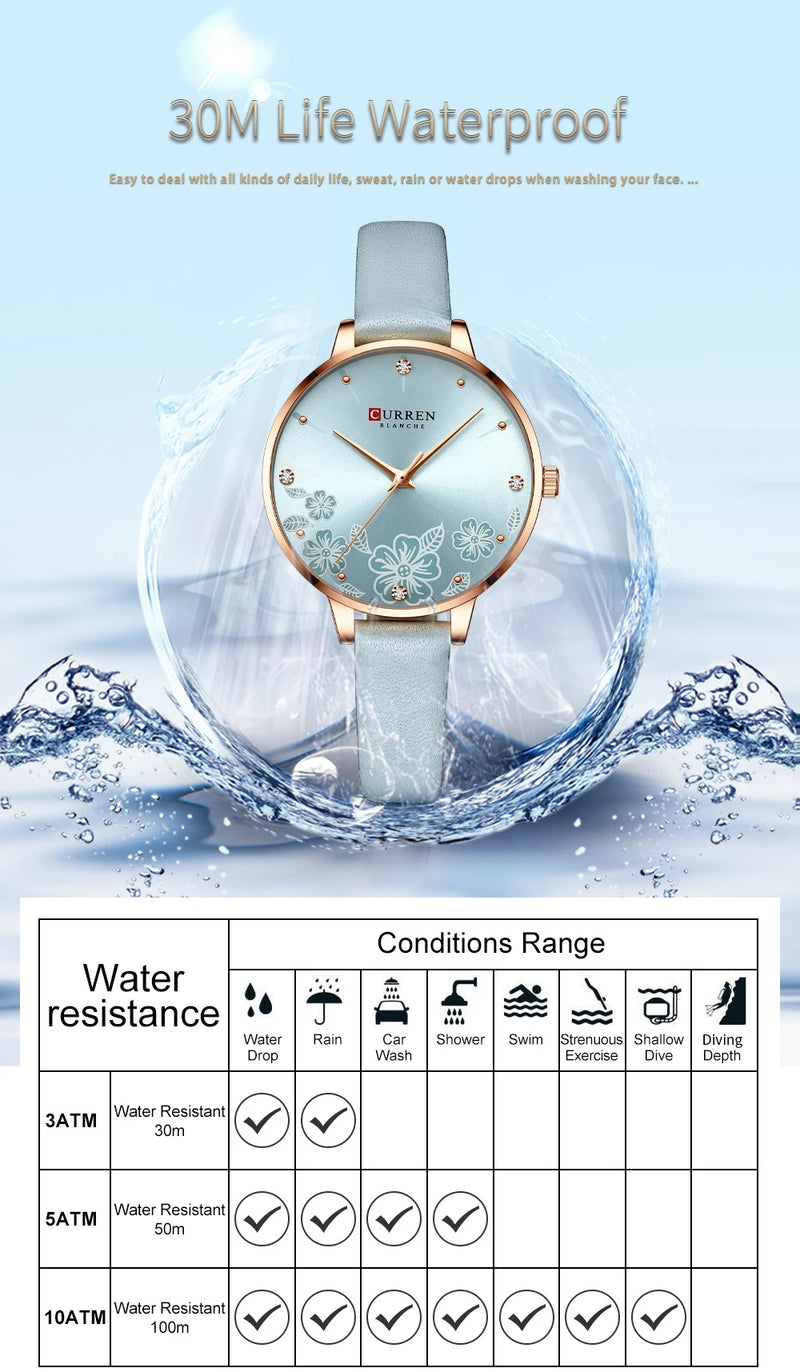 Relógio Feminino Curren – Luxo com Pulseira de Couro, Quartzo, Mostrador Floral e Design Elegante