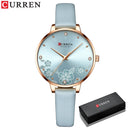 Relógio Feminino Curren – Luxo com Pulseira de Couro, Quartzo, Mostrador Floral e Design Elegante