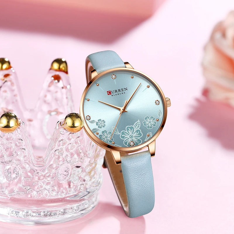 Relógio Feminino Curren – Luxo com Pulseira de Couro, Quartzo, Mostrador Floral e Design Elegante