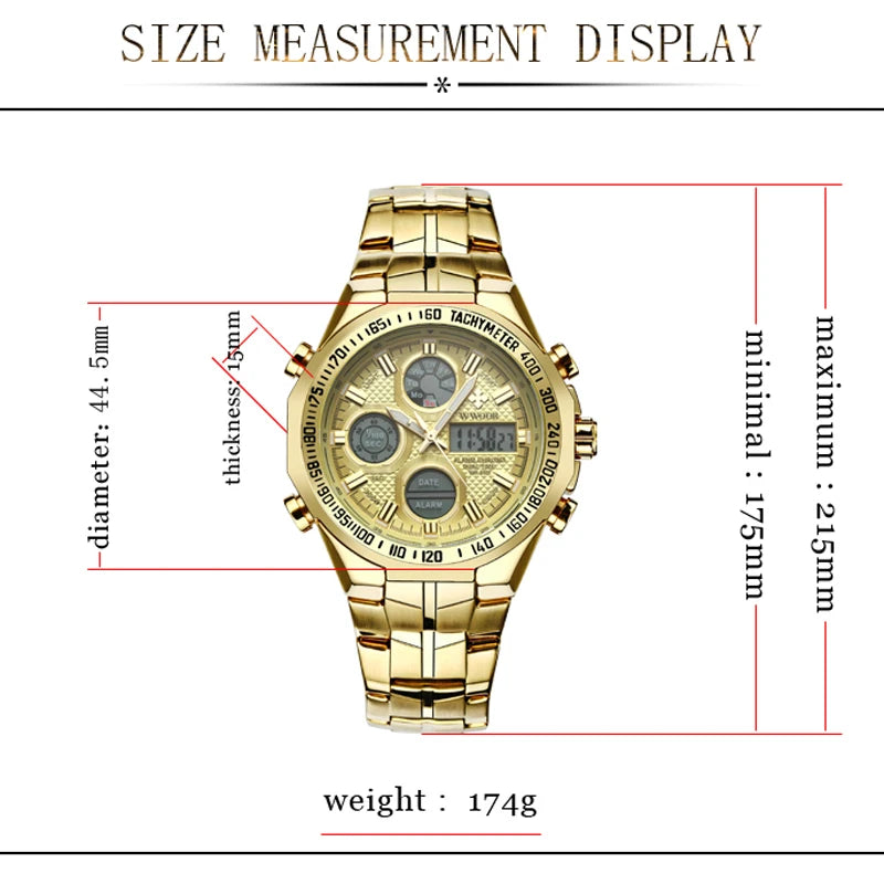 Relógio Masculino WWOOR de Luxo – Quartz Original, Aço Inoxidável, Dual Display, Esportivo e Impermeável