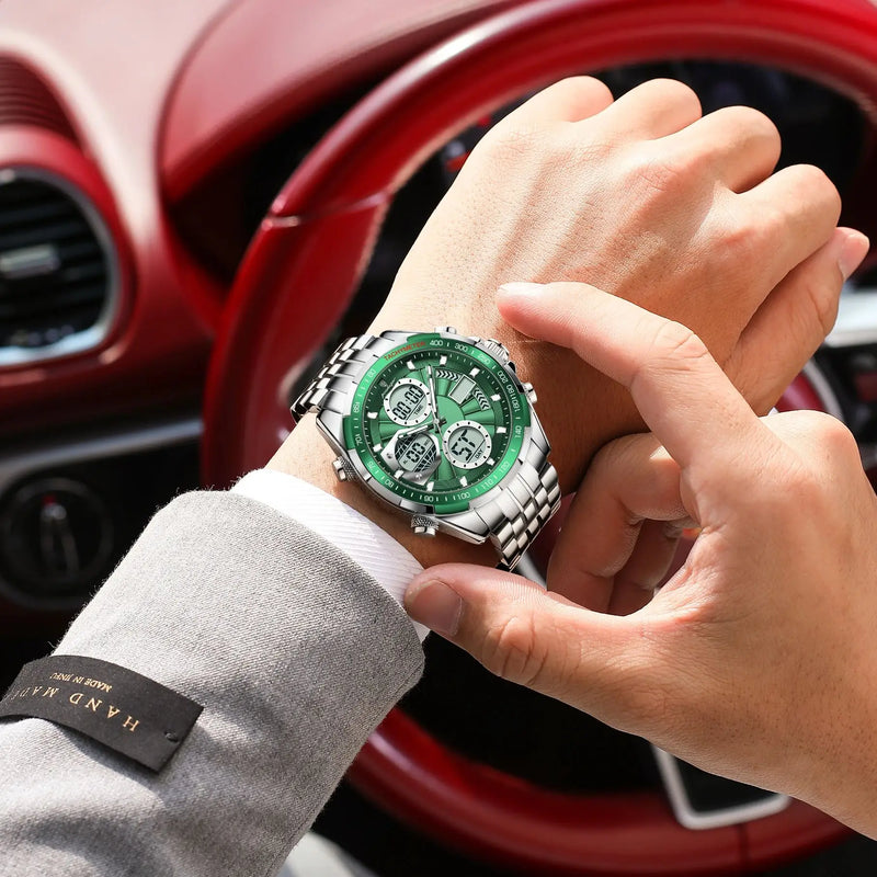 Relógio Masculino POEDAGAR Luxo à Prova d’Água Display Duplo LED Digital e Quartzo Pulseira de Aço