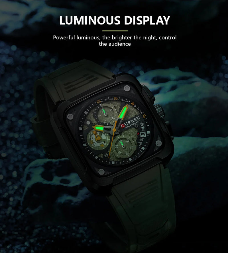 Relógio CURREN Masculino Luxo Quadrado Cronógrafo à Prova d’Água Luminoso