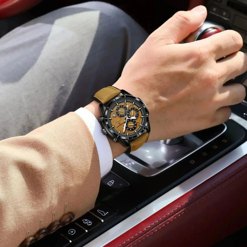 Relógio Masculino POEDAGAR Luxo Original Quartzo Cronógrafo Impermeável com Pulseira de Couro
