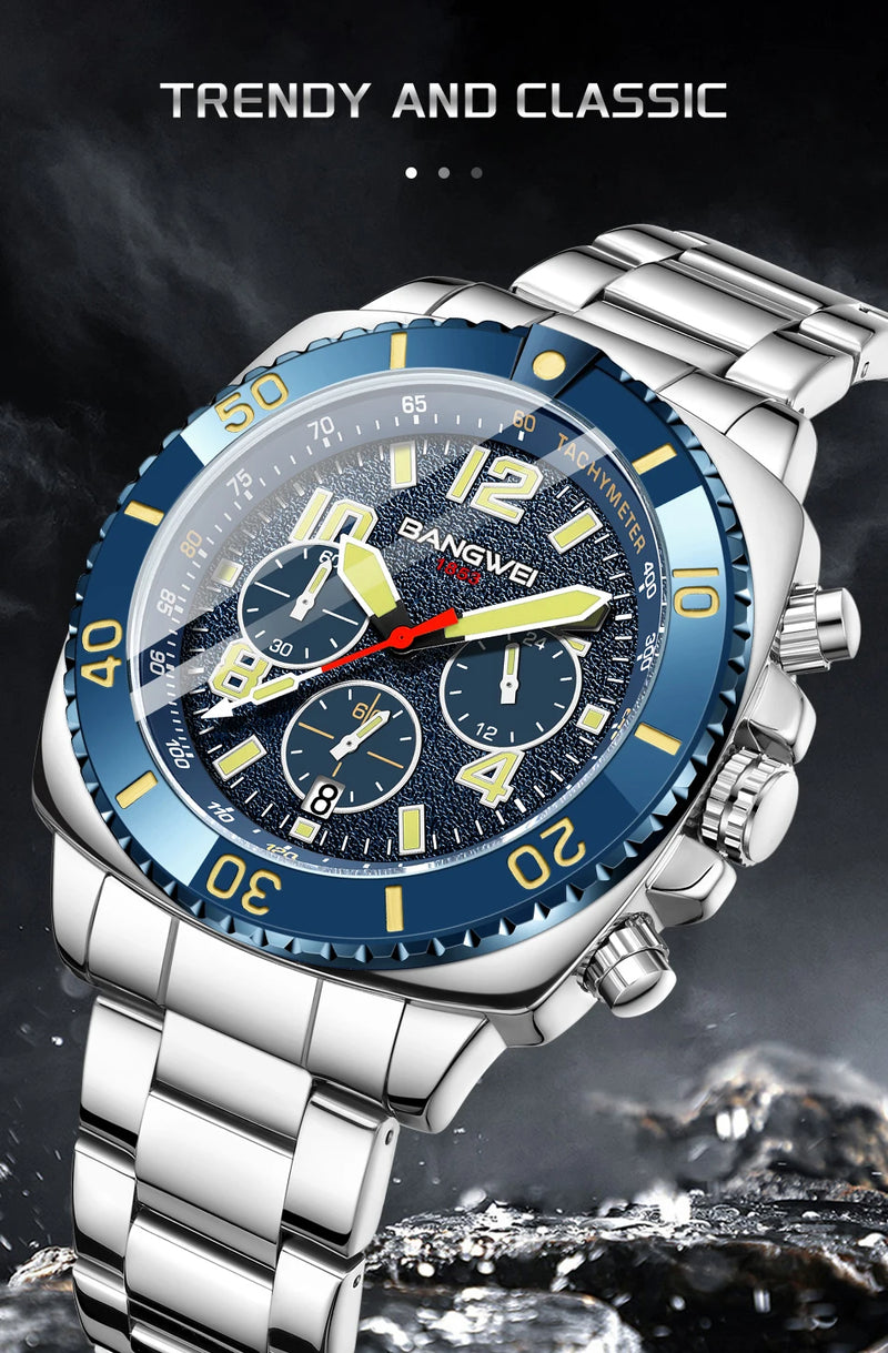 Relógio Masculino BANGWEI Luxo Esportivo Cronógrafo 30M à Prova d’Água