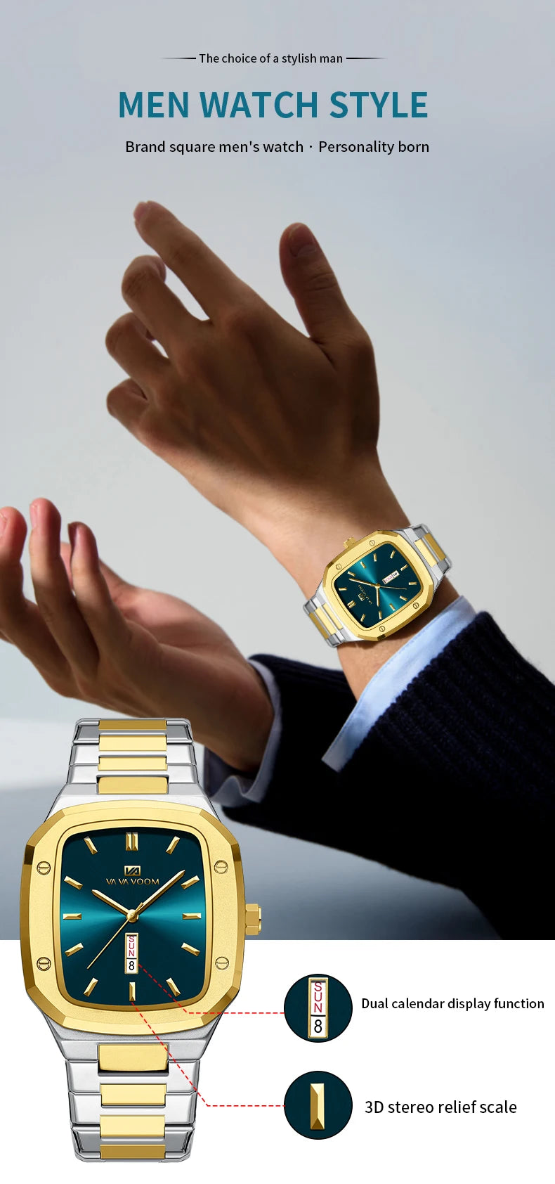 Relógio Masculino Quartz VA VA VOOM 2831 45mm Aço Inoxidável Calendário Automático Vidro SAFIRA