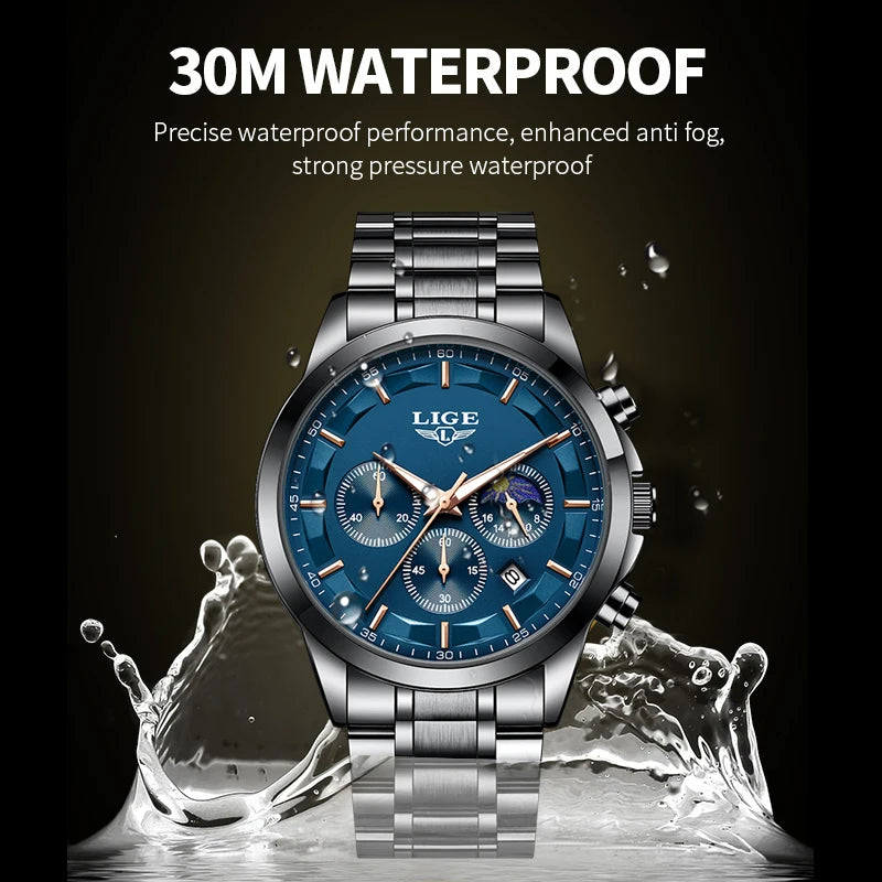 Relógio Masculino LIGE Quartz – Luxo, Esportivo e Casual, Aço Inoxidável, Calendário, Luminoso e À Prova d'Água