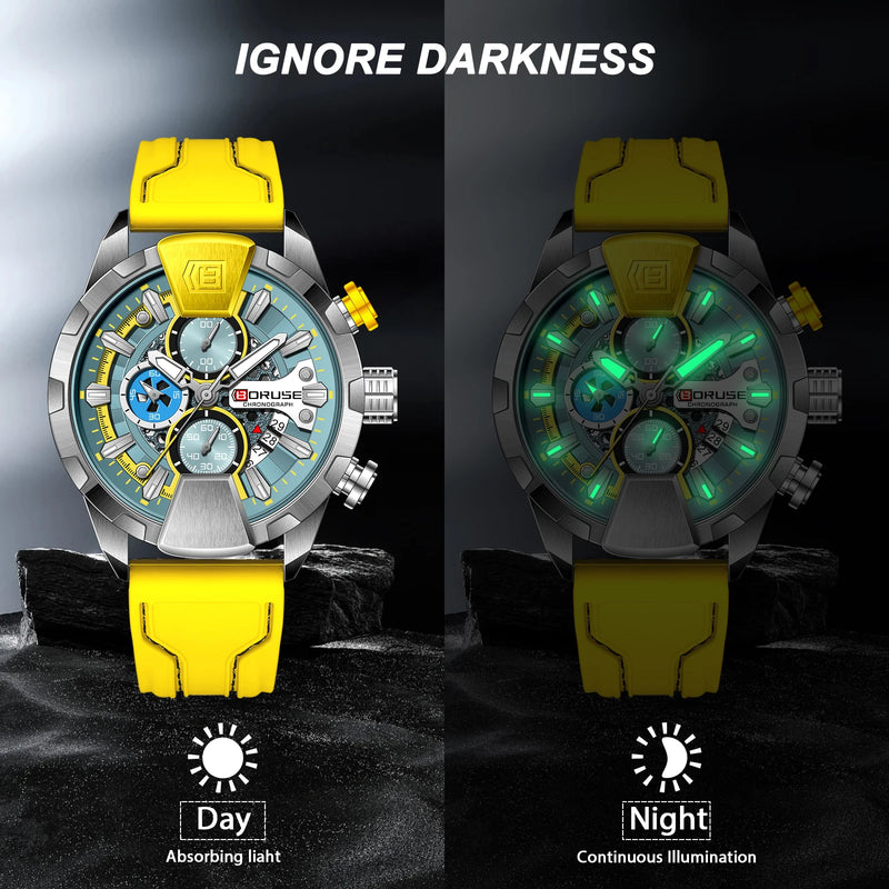Relógio Masculino BORUSE Amarelo com Cronógrafo, Calendário e à Prova d'Água