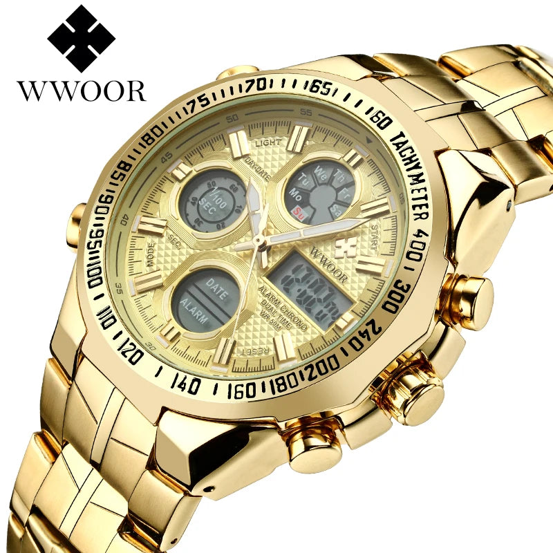 Relógio Masculino WWOOR de Luxo – Quartz Original, Aço Inoxidável, Dual Display, Esportivo e Impermeável