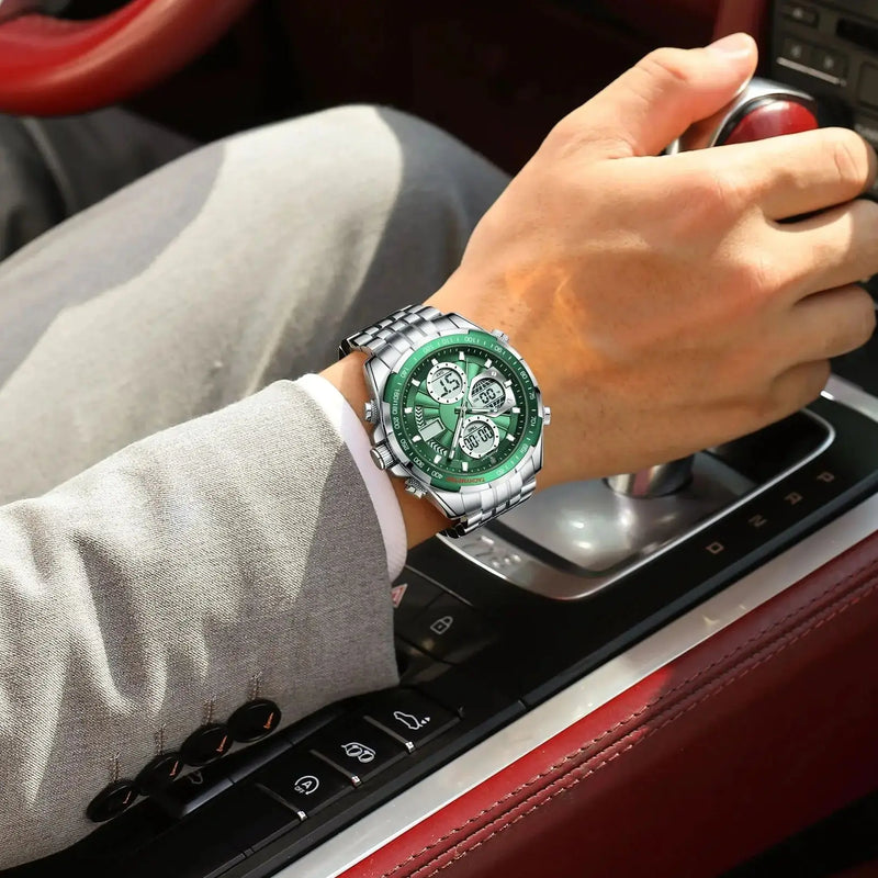 Relógio Masculino POEDAGAR Luxo à Prova d’Água Display Duplo LED Digital e Quartzo Pulseira de Aço