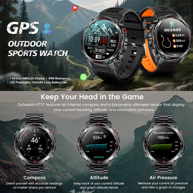 Relógio Smartwatch Militar Outdoor 2025 com Tela AMOLED 1.46", GPS Integrado, Bússola, Altímetro e Chamada Bluetooth, 3ATM Impermeável