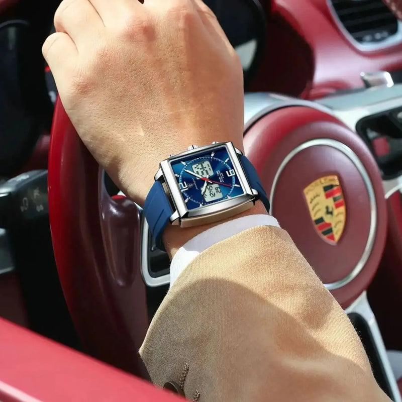 Relógio POEDAGAR Luxo Masculino LED Quadrado com Cronógrafo e Duplo Fuso Horário