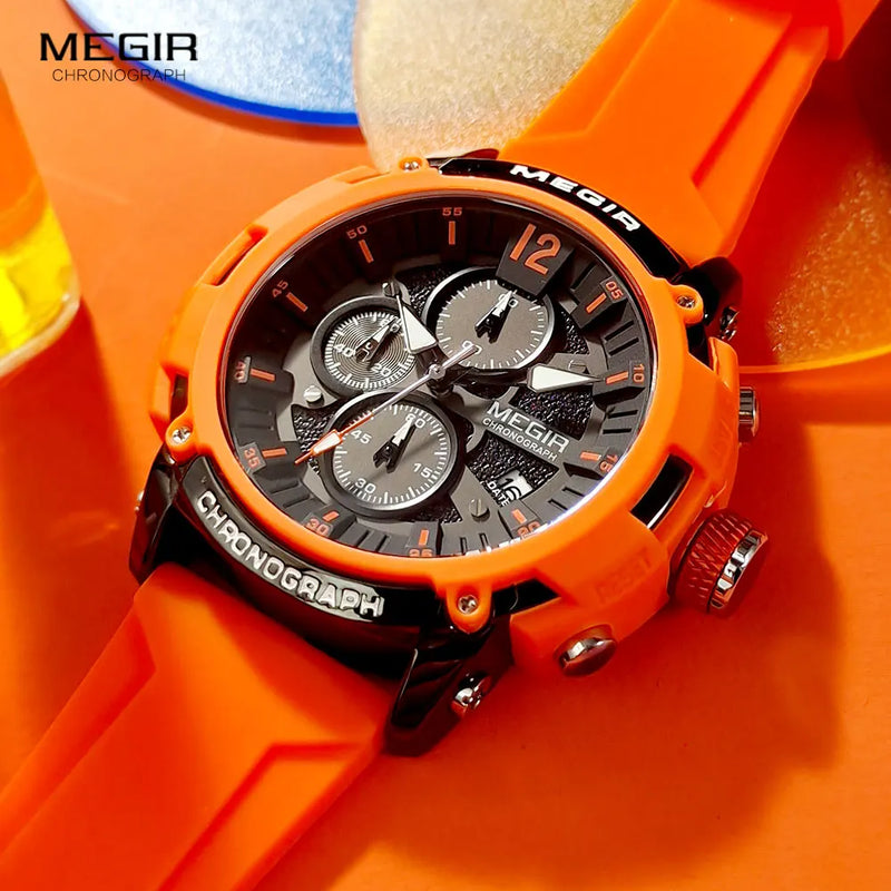 Relógio MEGIR 2208 Masculino Esportivo Laranja com Cronógrafo, Calendário Automático, Pulseira de Silicone e Resistência à Água