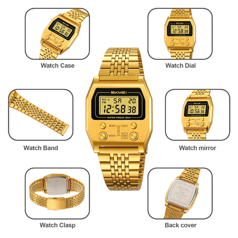 Relógio Masculino SKMEI 2460 Quadrado Dourado com Cronômetro, Alarme e Pulseira de Aço Inoxidável