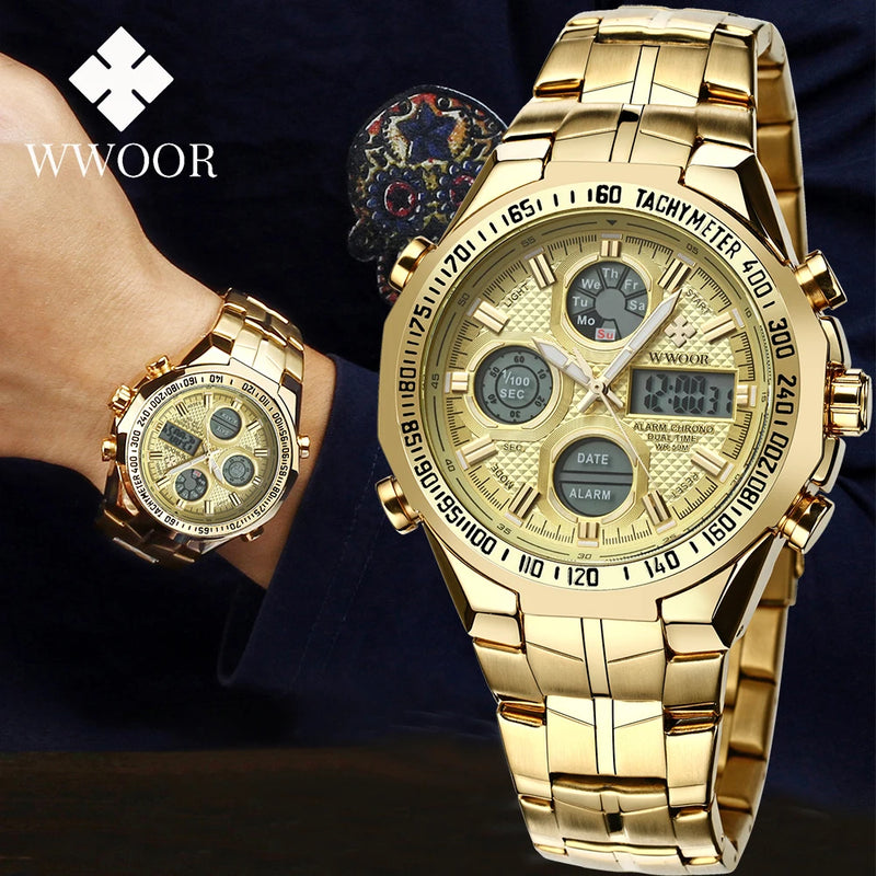 Relógio Masculino WWOOR de Luxo – Quartz Original, Aço Inoxidável, Dual Display, Esportivo e Impermeável