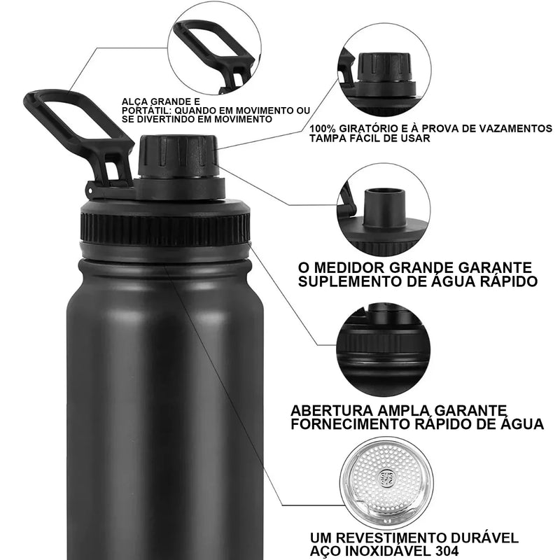 Garrafa de água portátil isolada, térmica de frio e calor, Corda de aço inoxidável, Copa esportiva, 1000ml, 32 oz