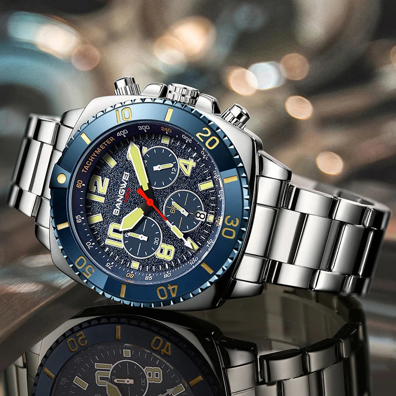 Relógio Masculino BANGWEI Luxo Esportivo Cronógrafo 30M à Prova d’Água