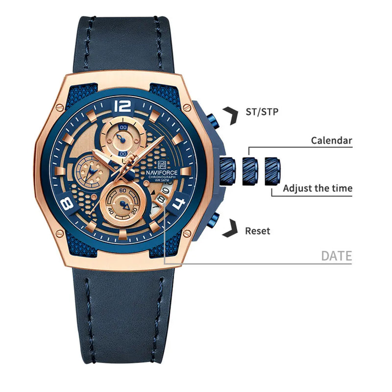 Relógio Naviforce Masculino – Luxo, Couro, Cronógrafo e à Prova D’Água