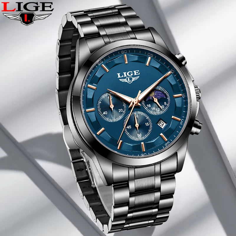 Relógio Masculino LIGE Quartz – Luxo, Esportivo e Casual, Aço Inoxidável, Calendário, Luminoso e À Prova d'Água