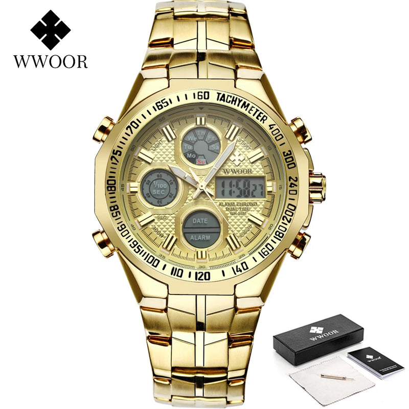 Relógio Masculino WWOOR de Luxo – Quartz Original, Aço Inoxidável, Dual Display, Esportivo e Impermeável