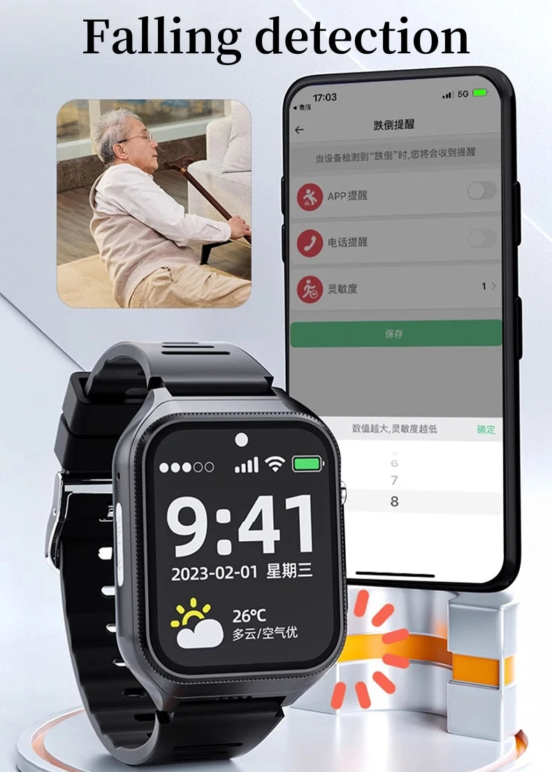 Relógio Inteligente GS17 para Idosos – 4G com Cartão SIM, Chamada Telefônica, GPS, Detecção de Queda e Monitor de Saúde