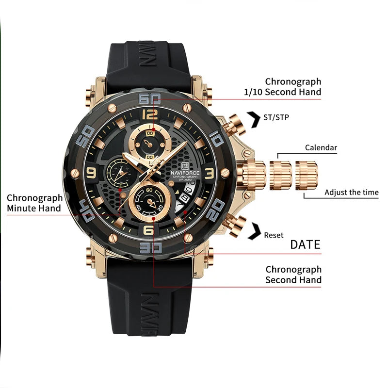 Relógio Masculino NAVIFORCE Quartzo Cronógrafo 5ATM à Prova d’Água com Pulseira de Silicone