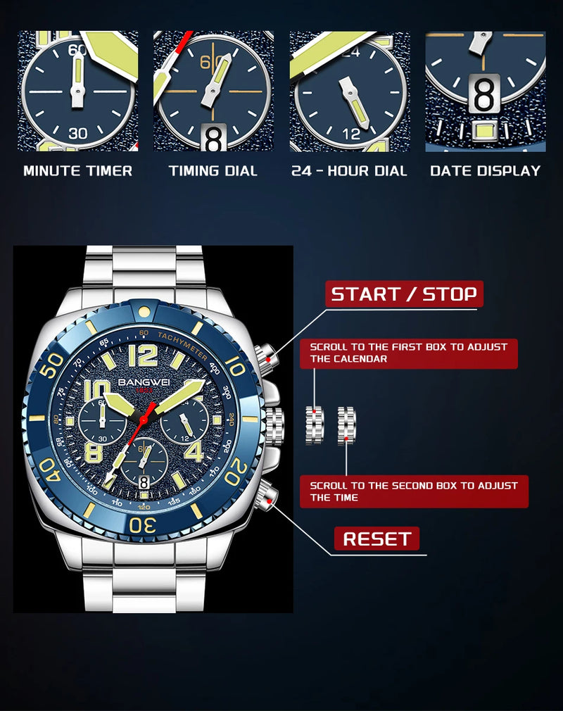Relógio Masculino BANGWEI Luxo Esportivo Cronógrafo 30M à Prova d’Água