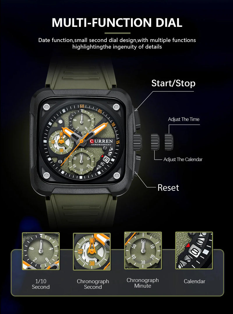 Relógio CURREN Masculino Luxo Quadrado Cronógrafo à Prova d’Água Luminoso