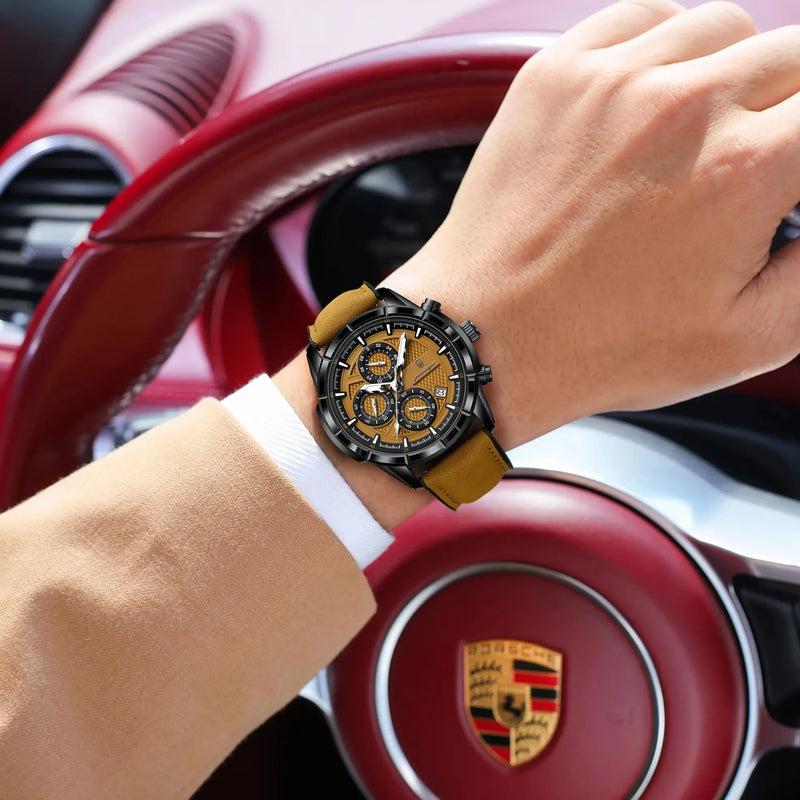 Relógio Masculino POEDAGAR Luxo Original Quartzo Cronógrafo Impermeável com Pulseira de Couro