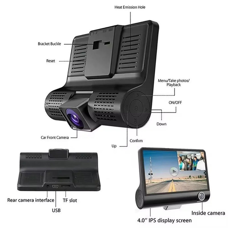 DVR Automotivo 3 Câmeras Alta Definição Visão Noturna Detecção de Movimento Bateria Interna
