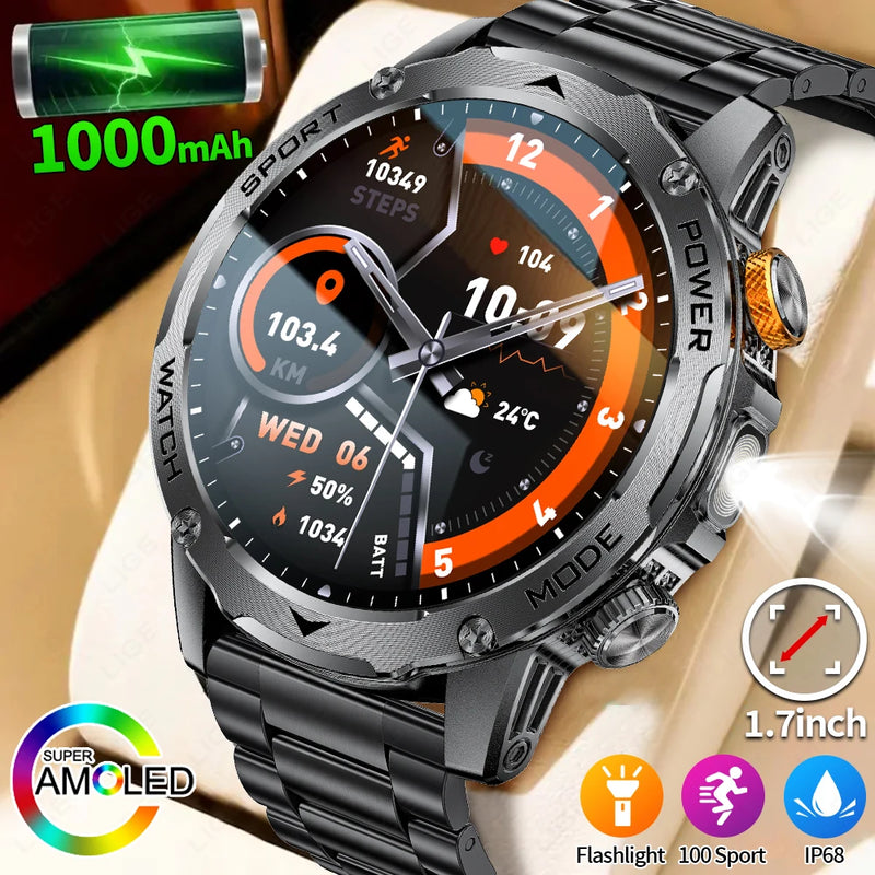 Smartwatch LIGE 2025 Masculino – AMOLED, 1000mAh, Chamada BT, Esportivo, Fitness, Lanterna LED, 3ATM à Prova d'Água, Huawei/Xiaomi